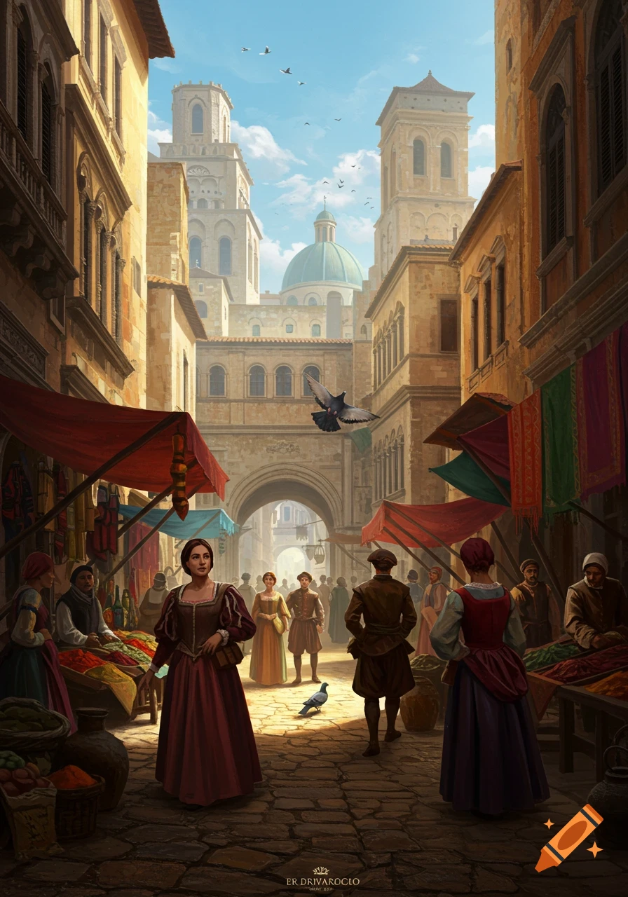 A detailed illustration of a bustling historical market street with people, stalls, and grand European architecture under a clear sky.