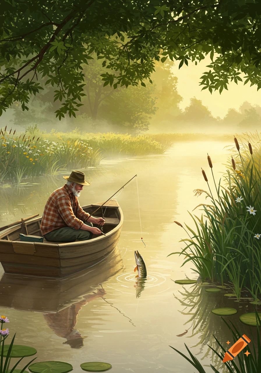An old man in a boat fishing on a misty river, reeling in a small pike, surrounded by lush green foliage. Painted illustration.