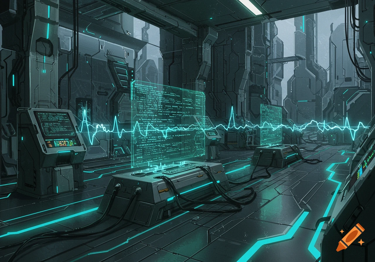 A dark, futuristic control room with glowing blue holographic screens displaying data, code, and waveform patterns, surrounded by metallic machinery and wires.