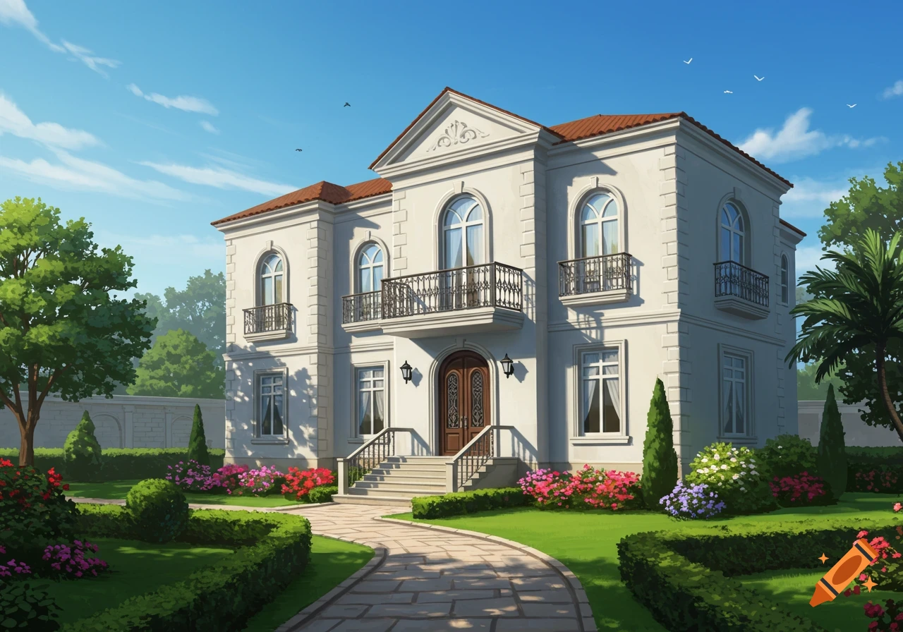 An illustrative white villa with a red roof, balconies, and an ornate entrance, set in a lush garden with flowers and hedges.