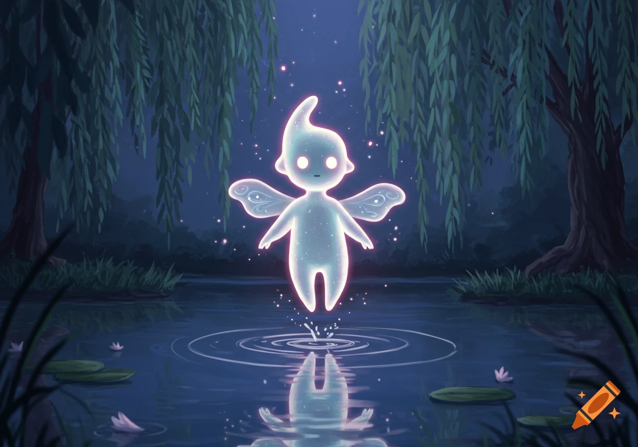 A glowing, whimsical fairy-like creature hovers above a dark pond in a magical forest, surrounded by weeping willows.