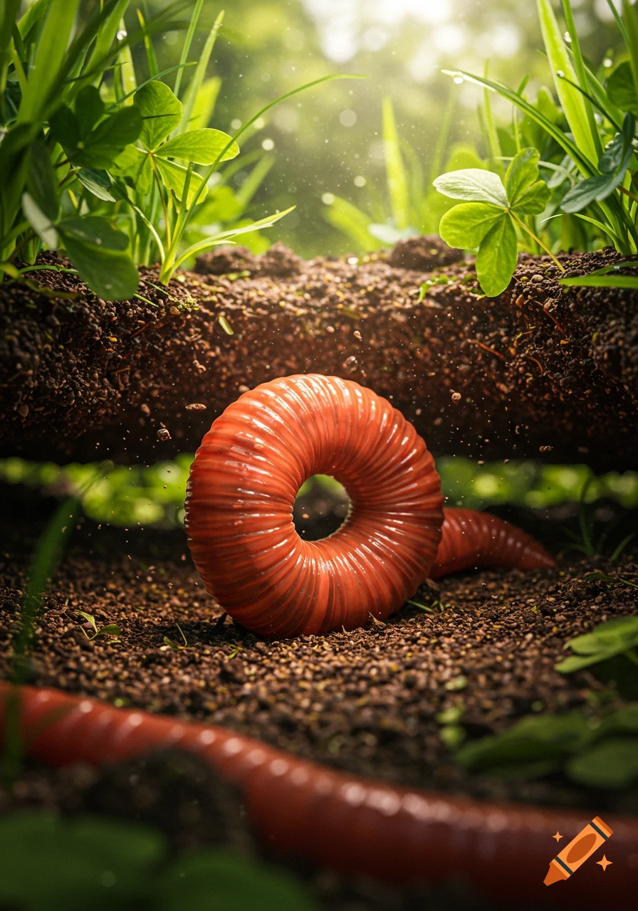 A large, thick red worm coiled into a donut shape, half-buried in rich dark soil with green grass and foliage above, sunlight filtering through.