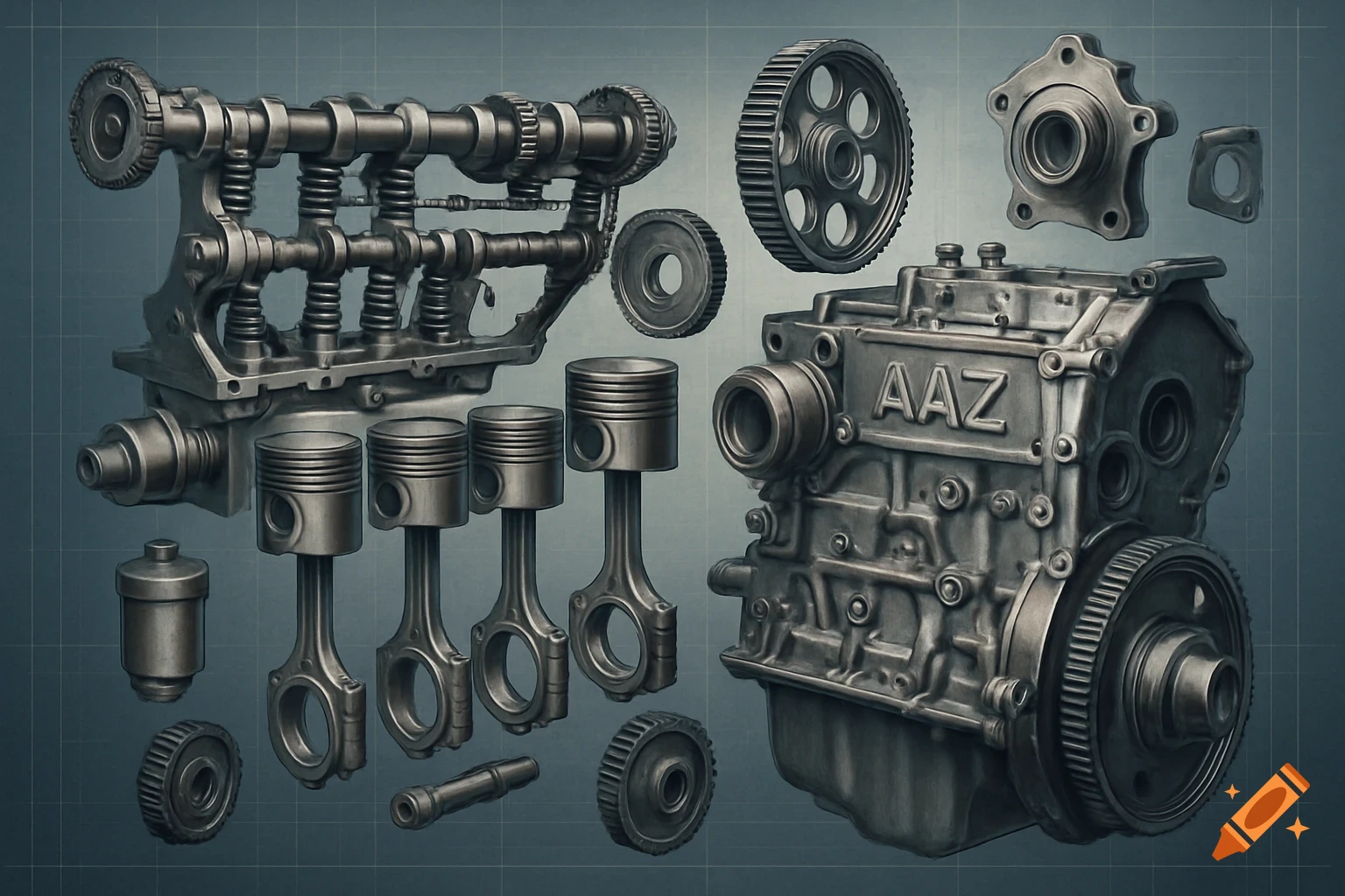Technical illustration of a disassembled car engine, showing pistons, camshaft, and gears on a grid background.