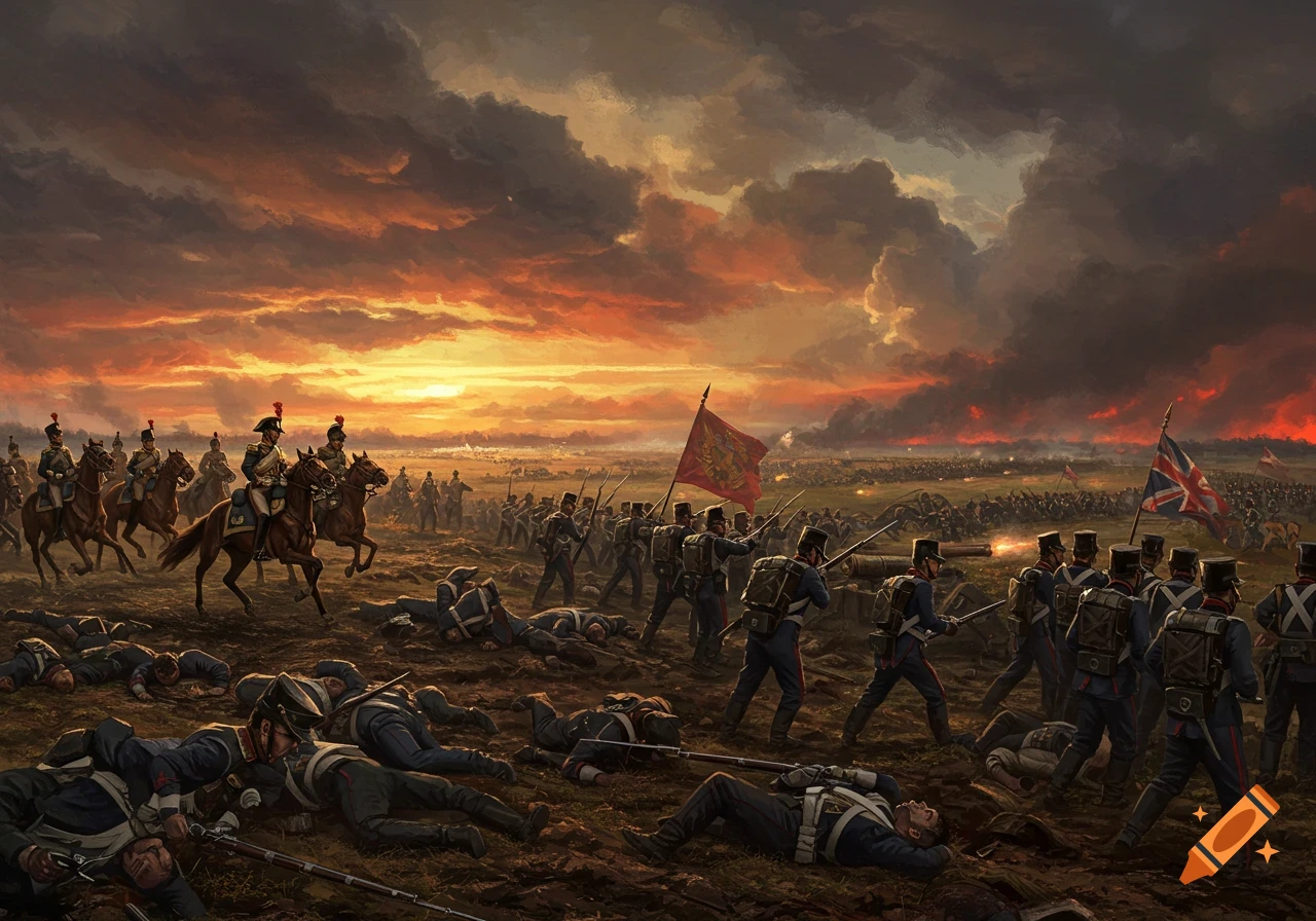 Dramatic illustration of a historical battle at sunset, with soldiers fighting and fallen on a muddy field.