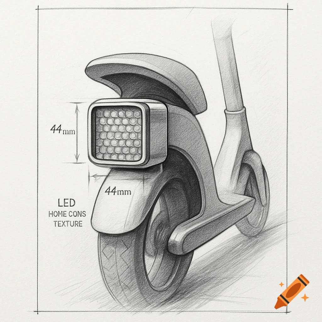 Pencil sketch of a scooter's rear wheel and rectangular LED taillight, with '44mm' dimensions marked.