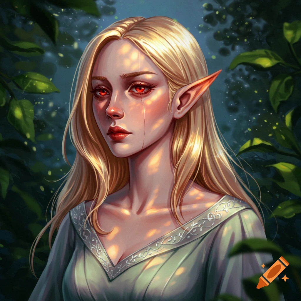 Digital painting of a tired blonde elf woman with red eyes and long pointed ears in a dark forest.