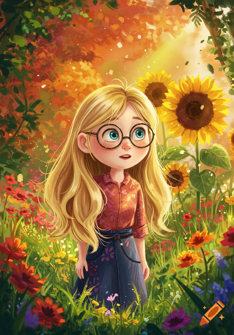 Cute cartoon girl with long blonde hair, round glasses in a vibrant field of flowers and sunflowers, sunlight filtering through trees.