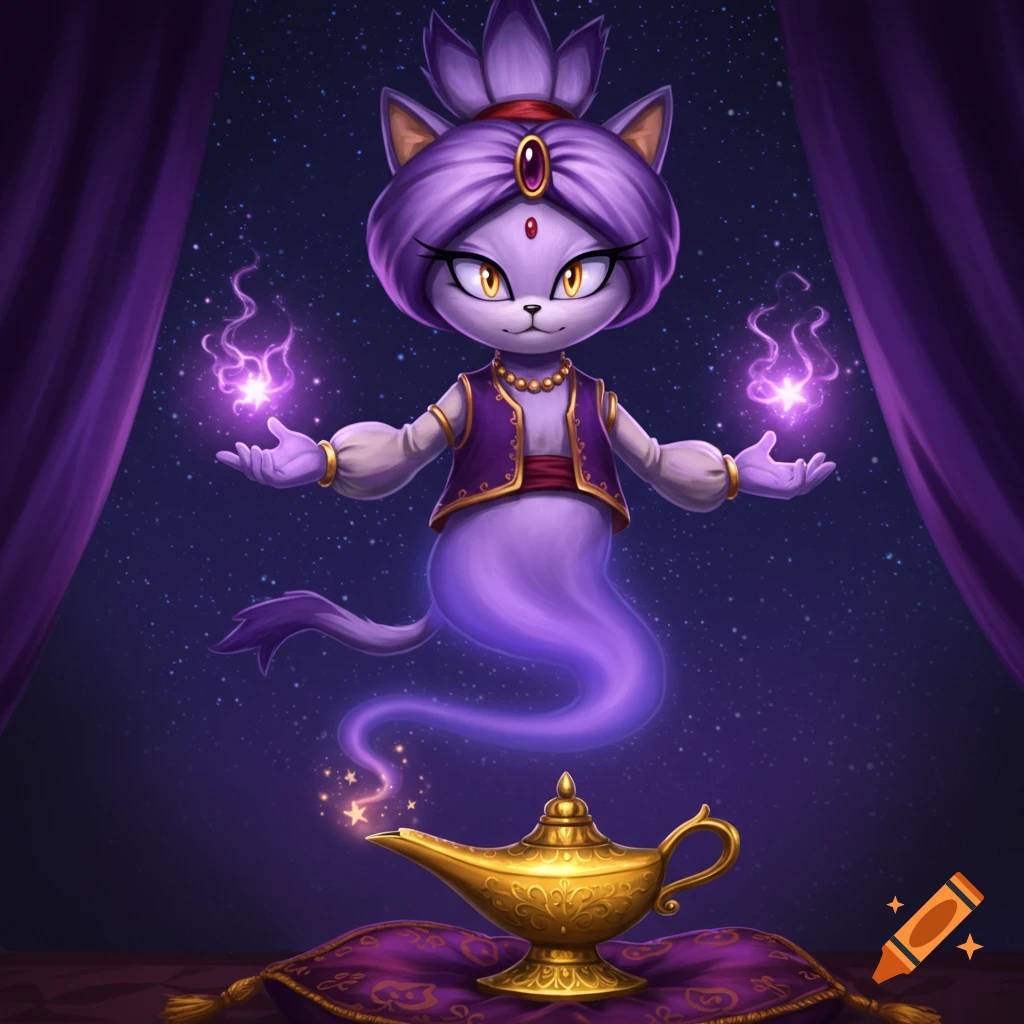 Cartoon Blaze the cat as a purple genie, floating with magic over a golden lamp on a cushion under a starry sky.