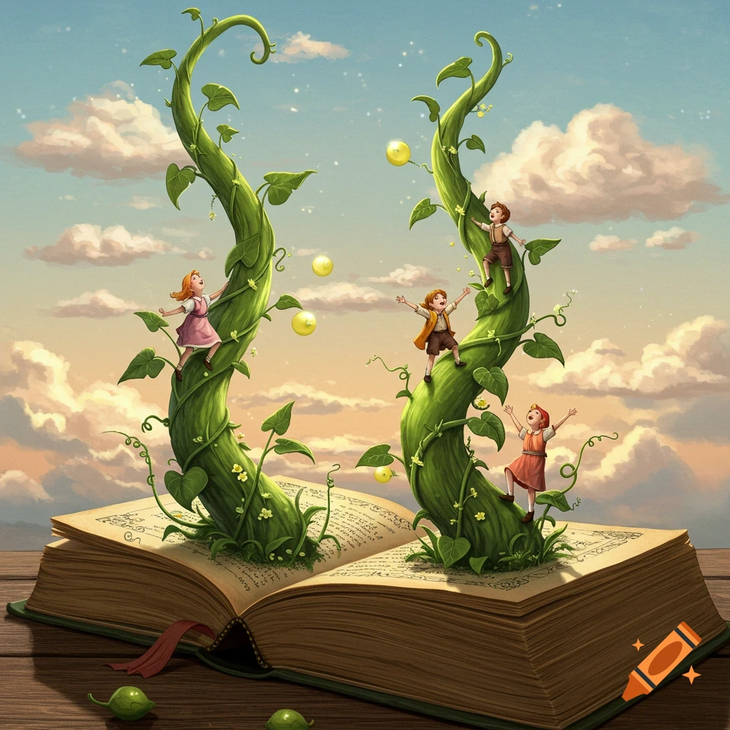 Illustration of children climbing two giant beanstalks growing from an open storybook under a cloudy sky.