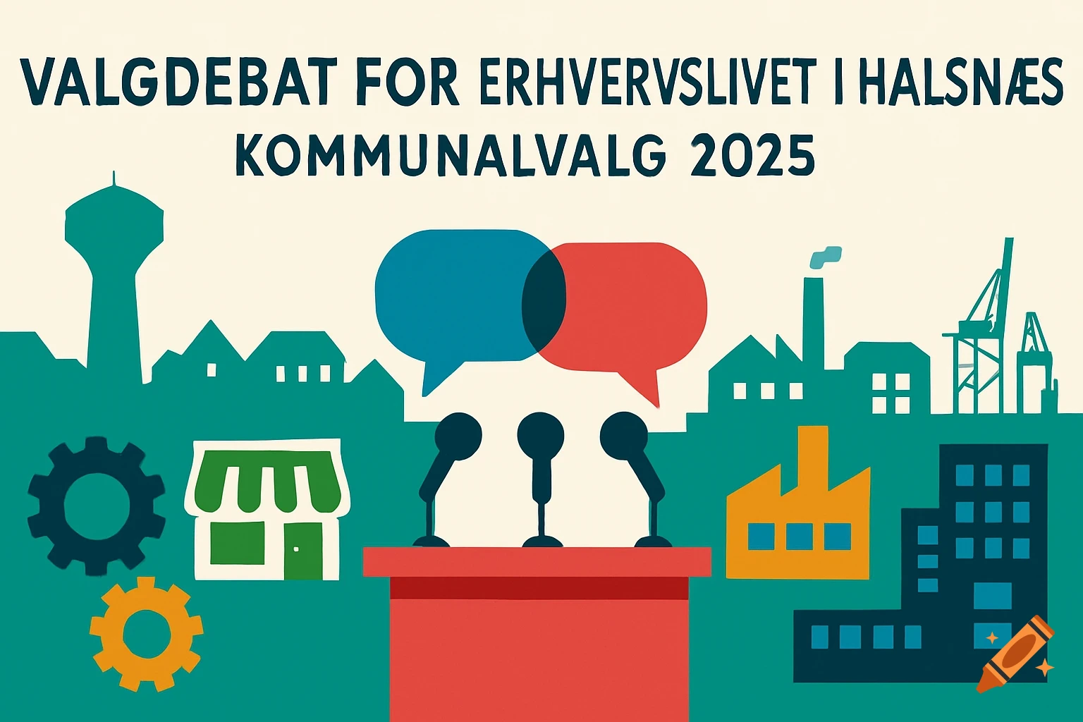 Graphic illustration for a political debate featuring a city skyline, water tower, factories, and harbor cranes. A red podium with microphones and speech bubbles is in the foreground, with text "VALGDEBAT FOR ERHVERVSLIVET I HALSN N S KOMMUNALVALG 2025" at the top.