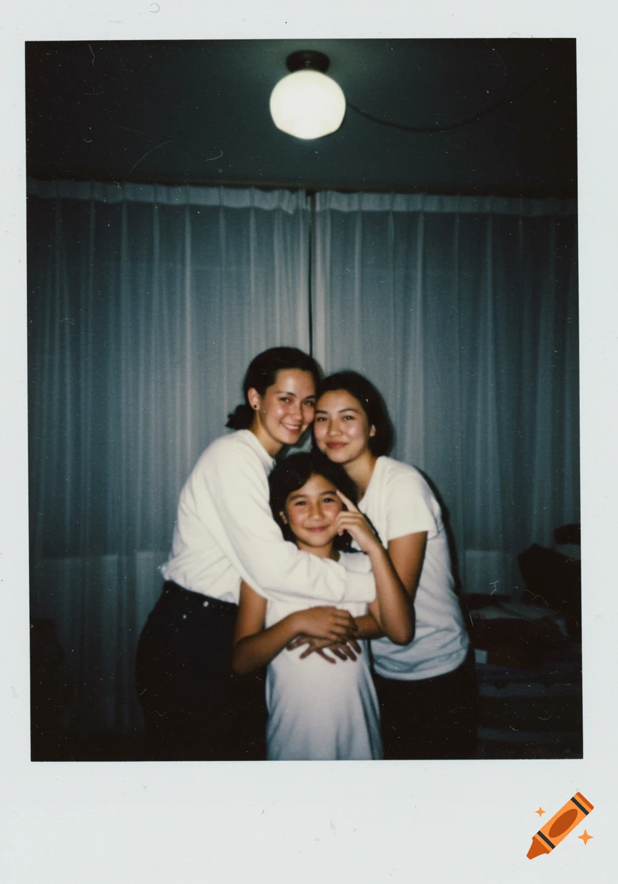 Three smiling people, two adults and one child, hug for a Polaroid photo in a dimly lit room with white curtains.