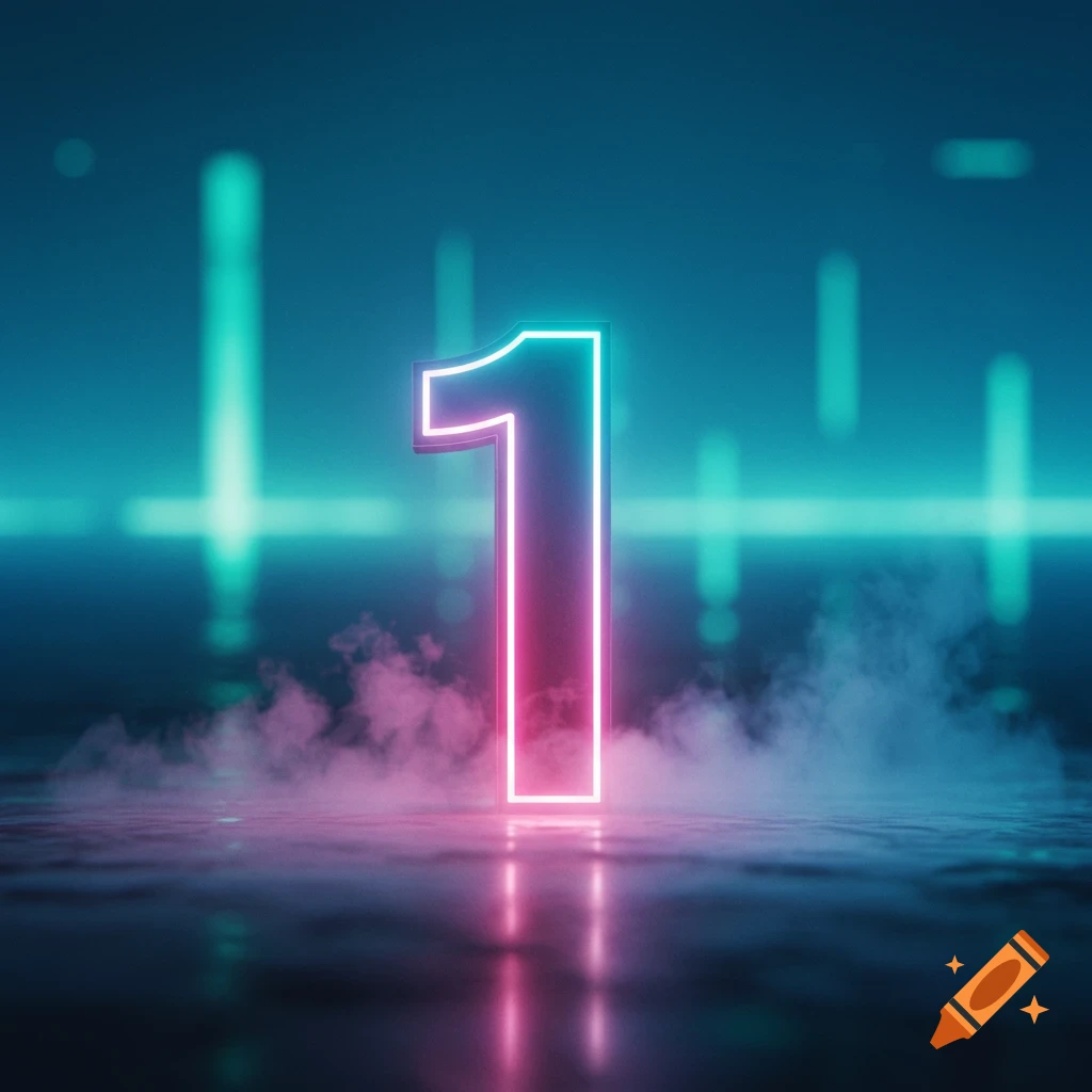 Neon number 1 glowing pink and blue, surrounded by smoke on a reflective surface with futuristic background lights.