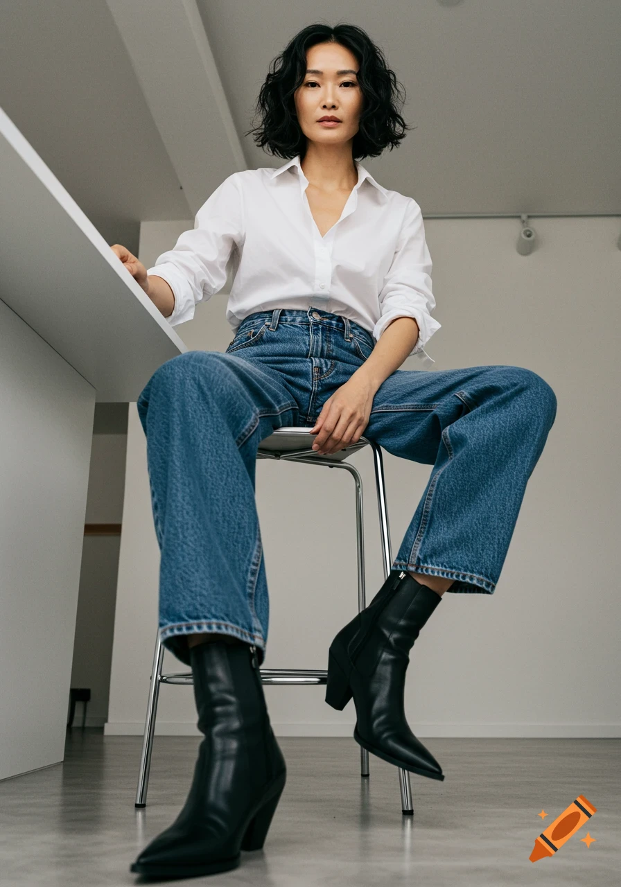 A stylish woman in a white shirt, baggy jeans, and black boots sits on a bar stool, shot from a low angle.