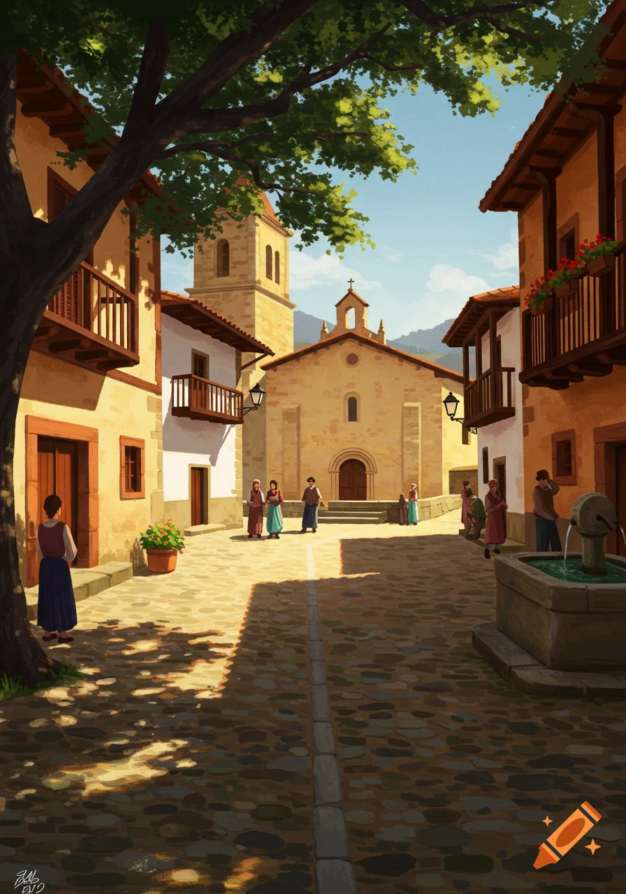 Illustrative painting of a sunny, traditional village square with cobblestone street, old buildings, a church, fountain, and people.