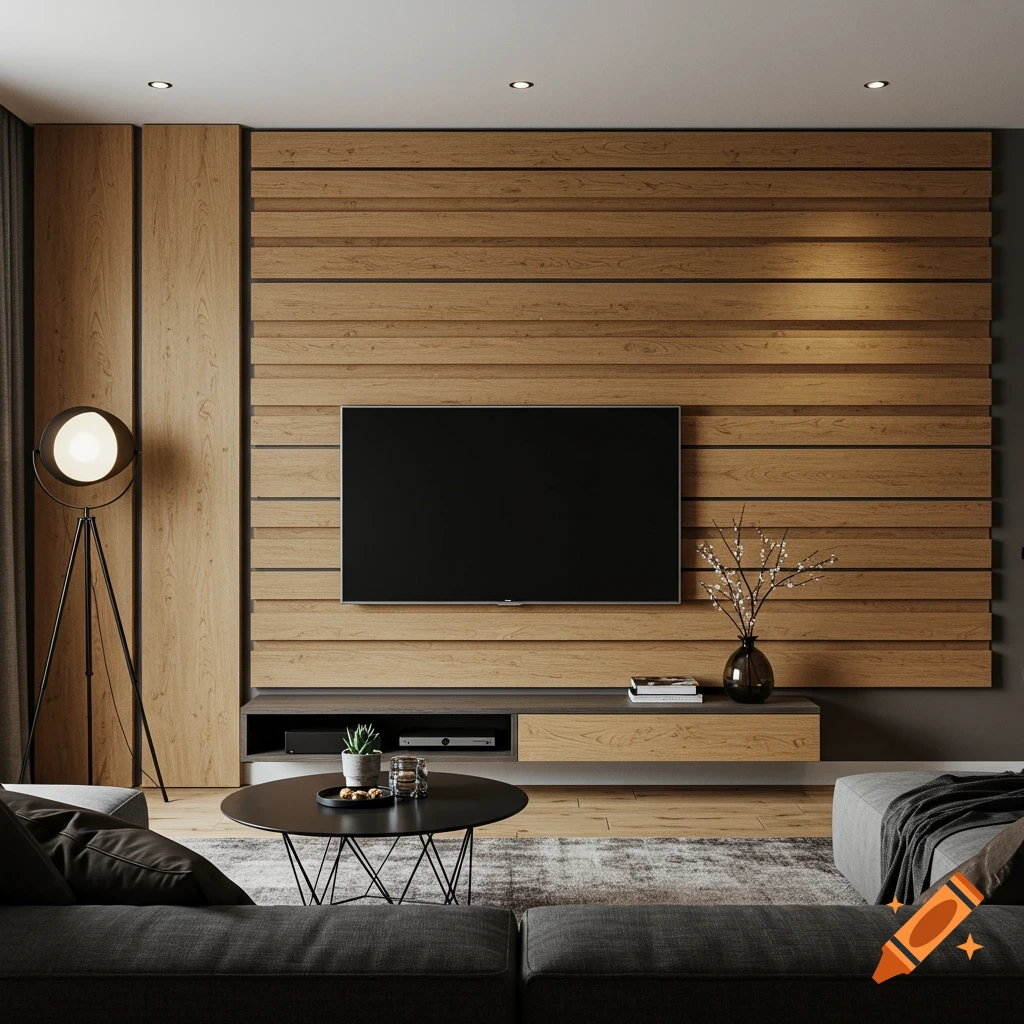 Modern living room with a large TV on a wooden slatted wall, a black coffee table, and dark gray sofas.
