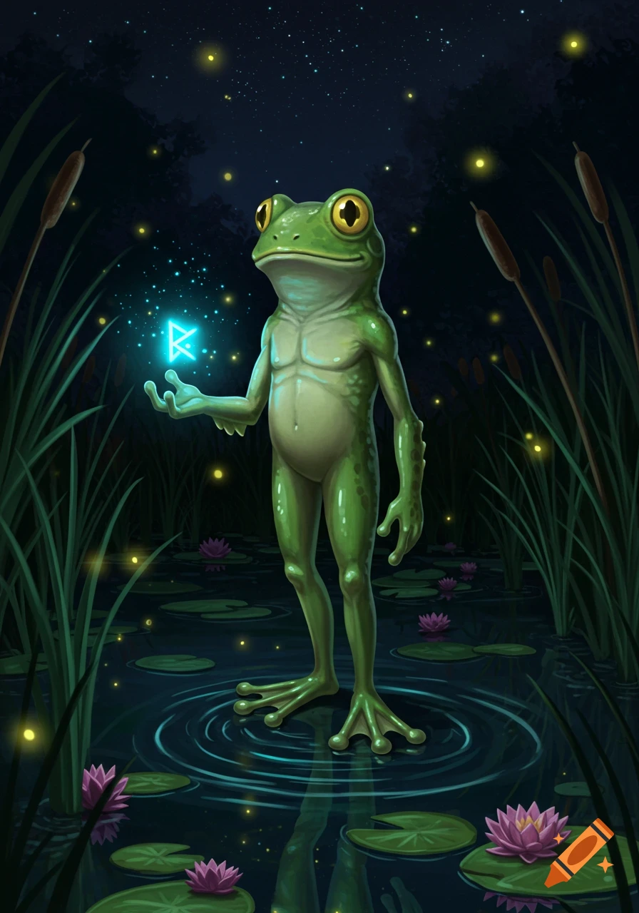 A muscular frog humanoid stands in a dark pond at night, holding a glowing blue magical rune. Lily pads, cattails, and fireflies surround it.
