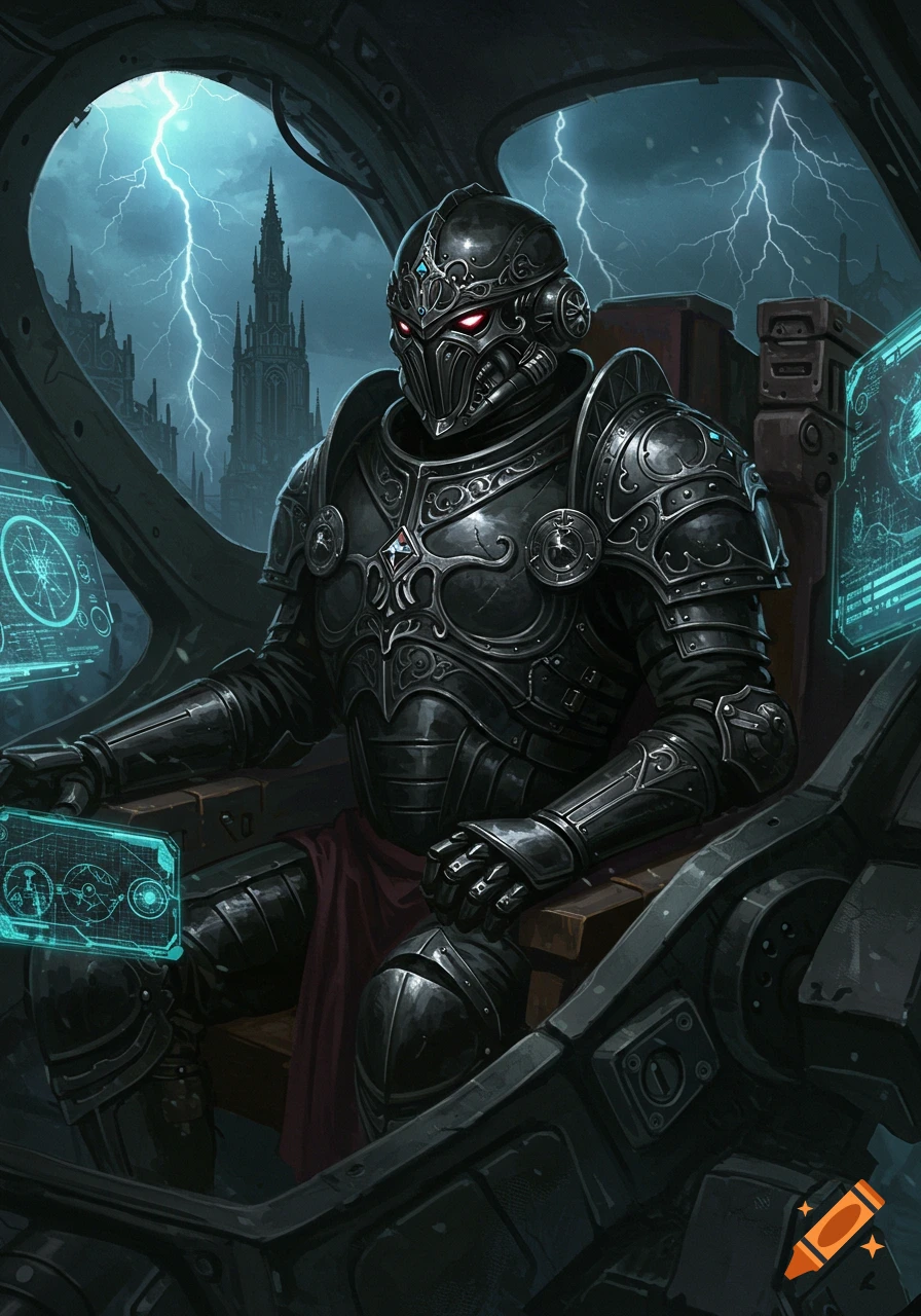 A gothic armored mech pilot with glowing red eyes sits in a dark cockpit, displaying holographic screens, overlooking a stormy cityscape with lightning.