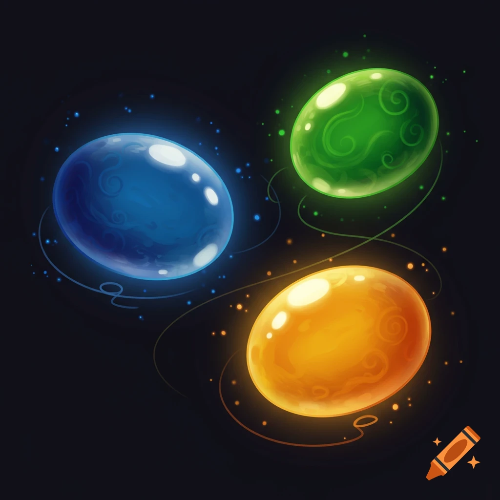 Three glowing, stylized ovals in blue, green, and orange, with subtle patterns and luminous trails on a dark background.