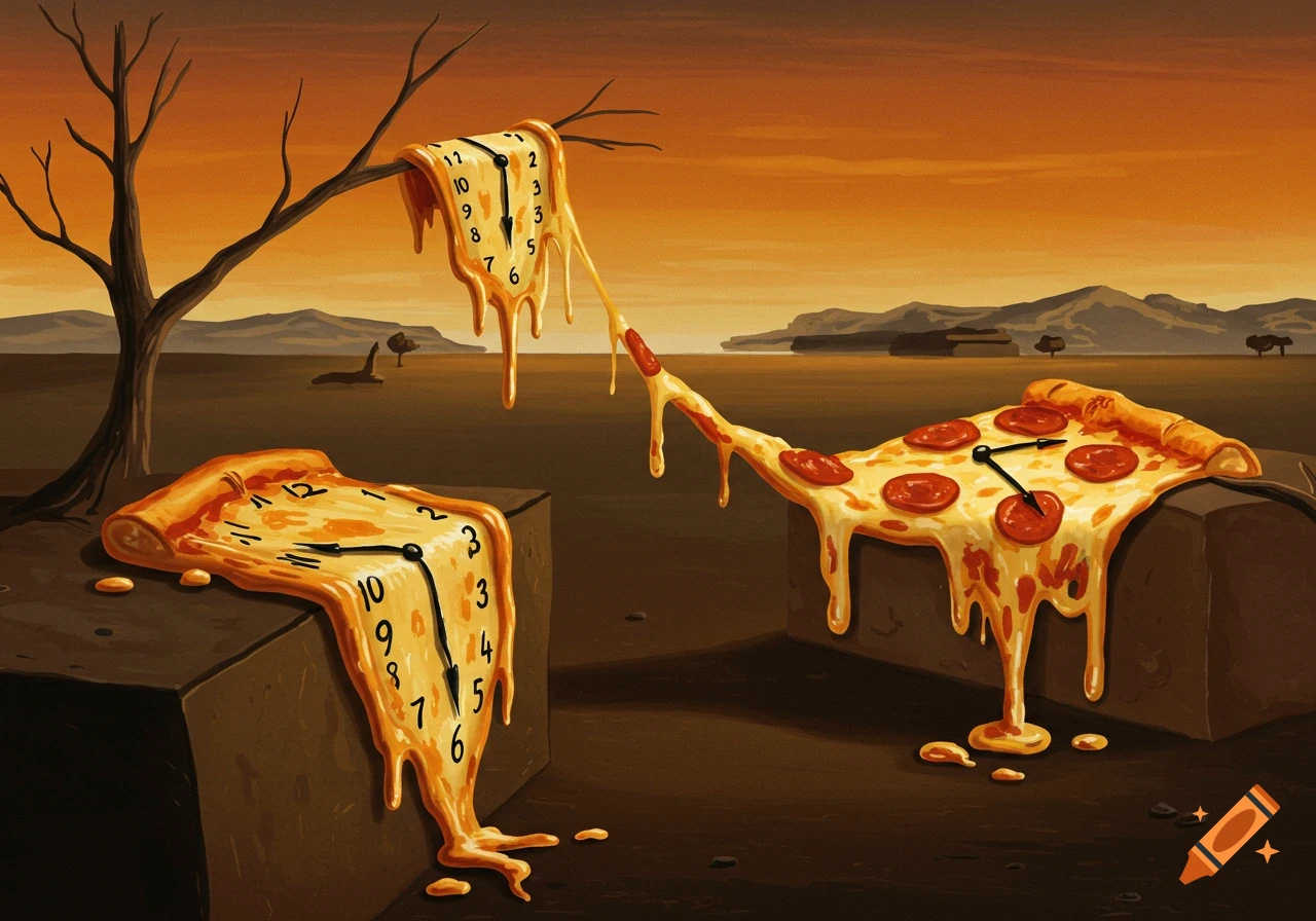 Surrealist painting of melting pizza clocks in a barren, orange-toned desert landscape, inspired by Salvador Dali.