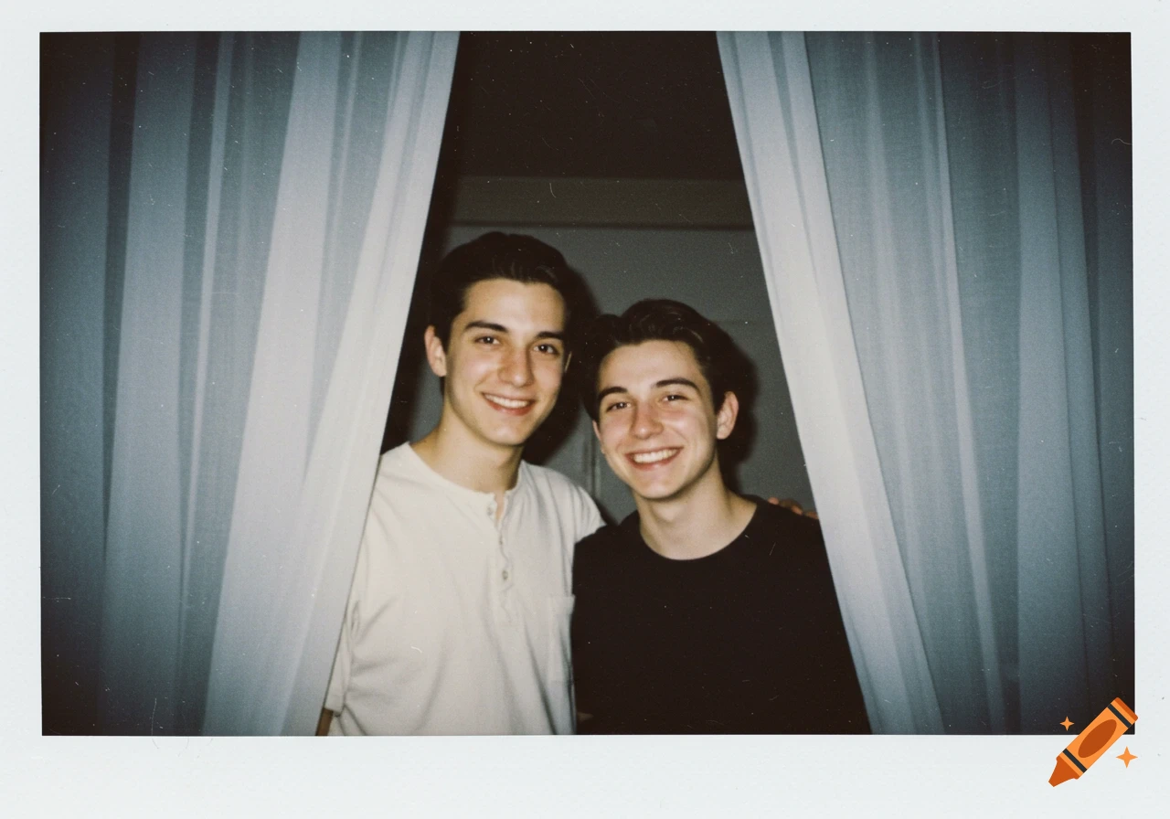 Two smiling young men pose behind white curtains, shot with a Polaroid camera aesthetic.