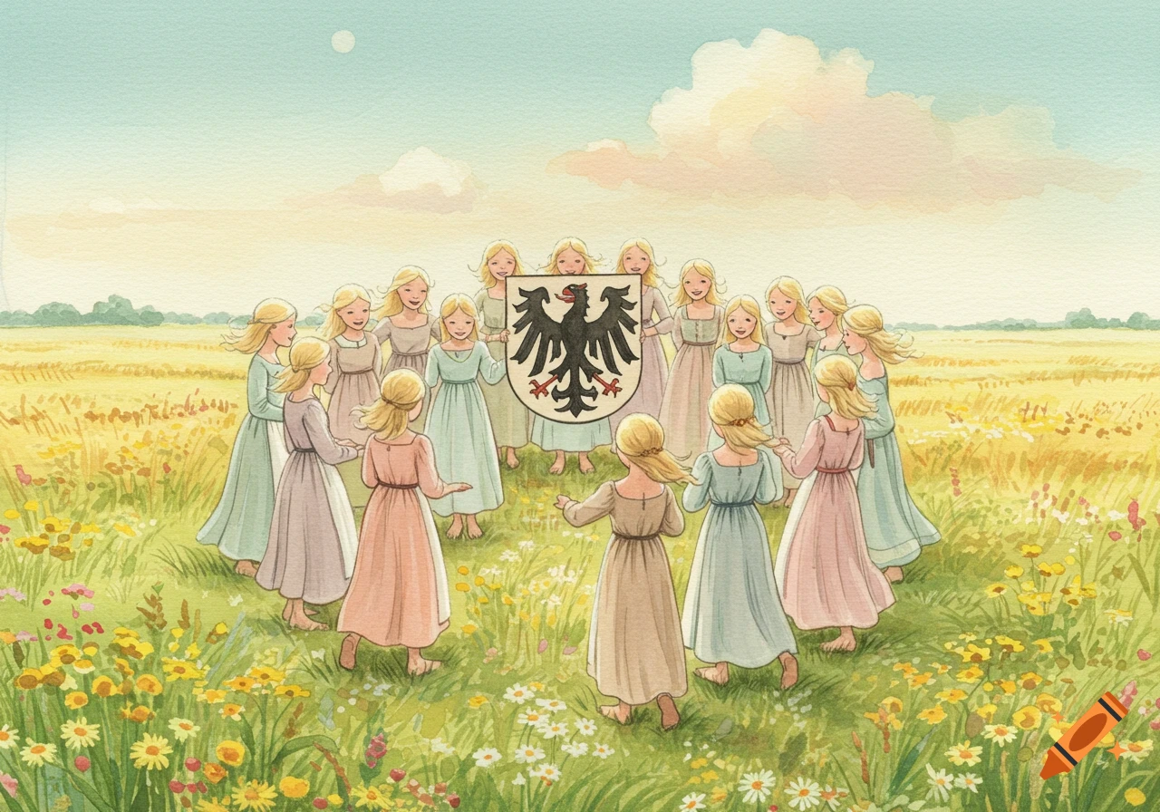 Watercolor of blonde girls in medieval dresses holding a black eagle emblem in a grassy, wildflower field.
