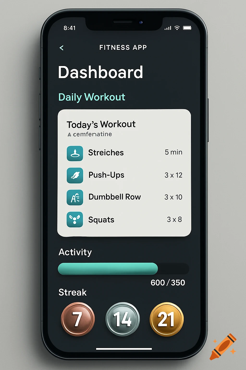 A modern mobile fitness app dashboard on a smartphone, displaying a daily workout, activity progress bar, and streak badges.