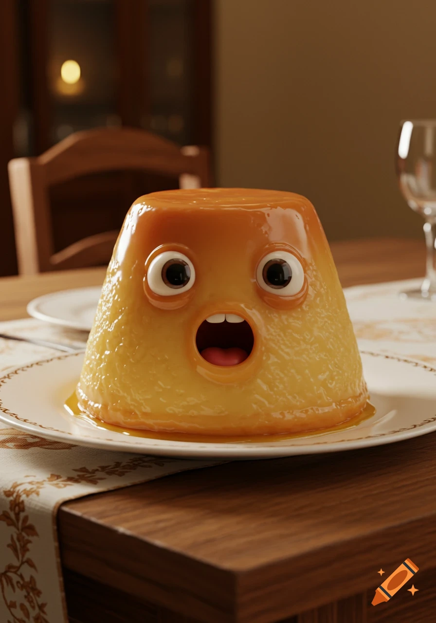 A photorealistic flan with googly eyes and an open mouth on a plate on a wooden dining table with a patterned tablecloth.