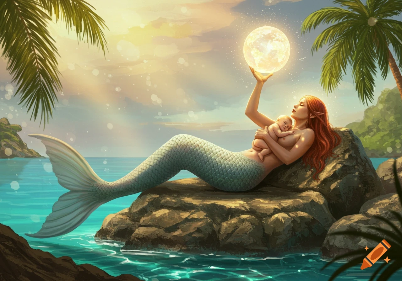 A red-haired mermaid cradles a baby and holds a glowing orb, lounging on rocks in a tropical sea with palm trees.