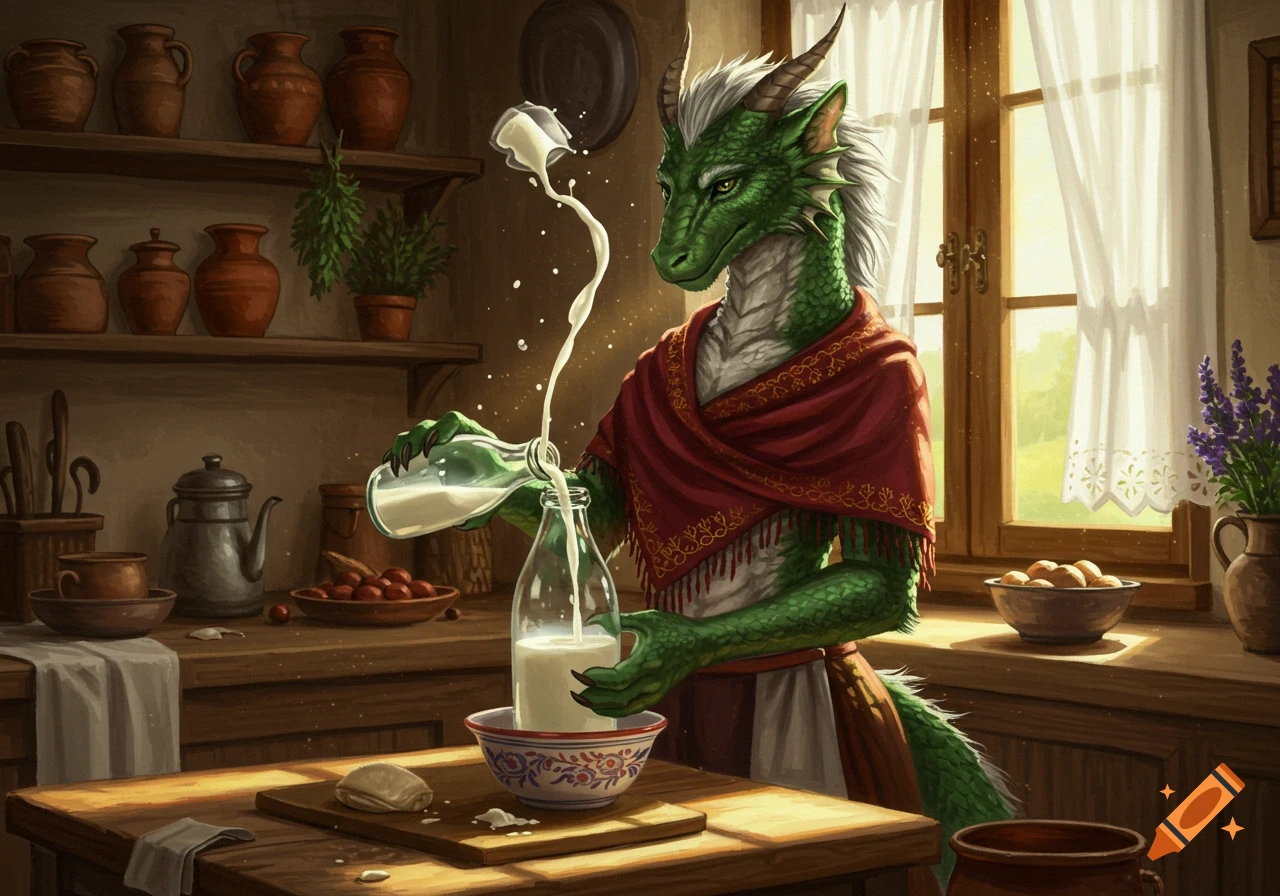 A green anthropomorphic dragon lady in a red shawl pours milk from a bottle in a rustic kitchen.