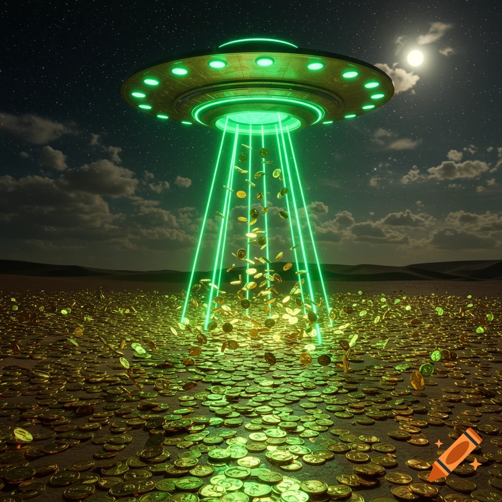 A UFO hovers over a desert landscape at night, beaming down green light and dropping gold coins onto the ground.