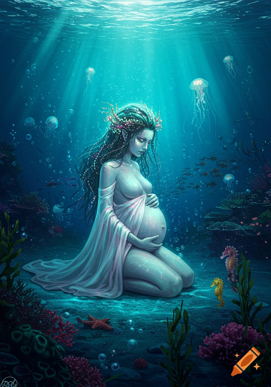 A serene, pregnant sea goddess kneels on the ocean floor, her bare chest exposed, surrounded by vibrant coral and marine life.