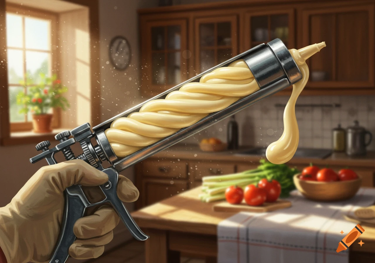 A gloved hand holds a caulk gun filled with twisted yellow mayonnaise, squeezing some out in a bright kitchen with vegetables.
