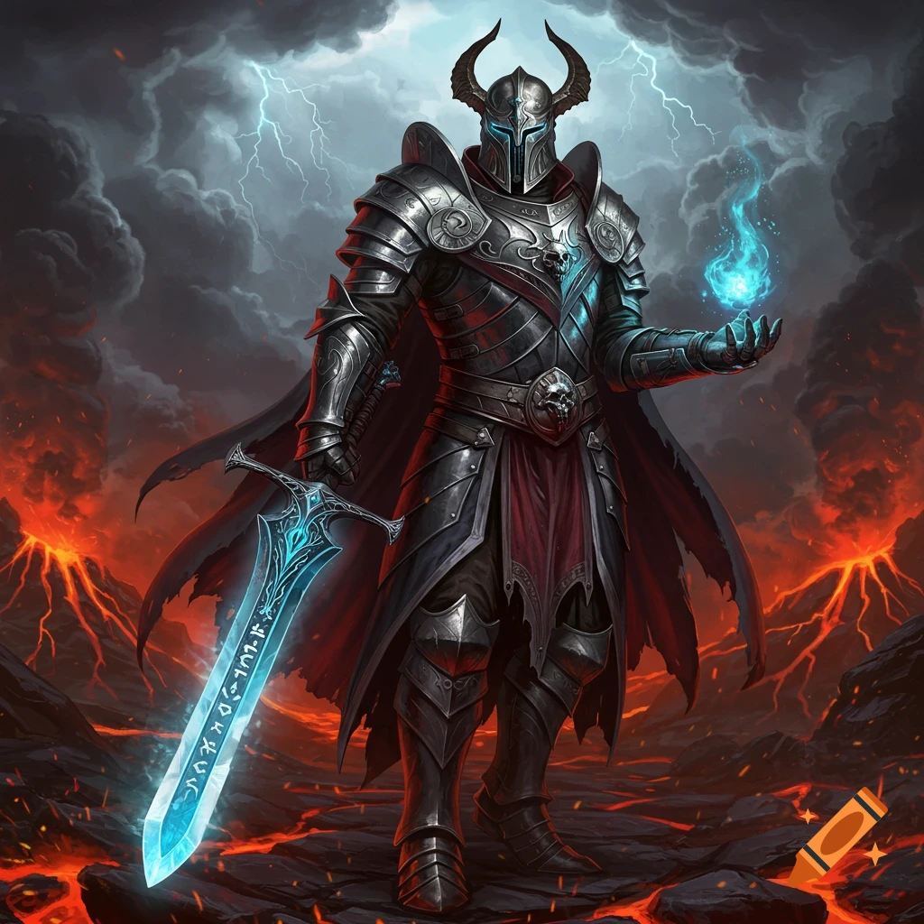 A horned knight in ornate armor holds a glowing blue sword and orb in a stormy, volcanic landscape with lava.