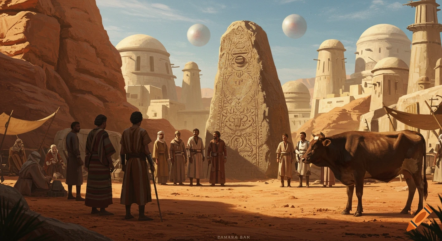 A desert village with Star Wars-style architecture, people gathered around a carved stone, a brown cow in the foreground, under a blue sky with two floating orbs.