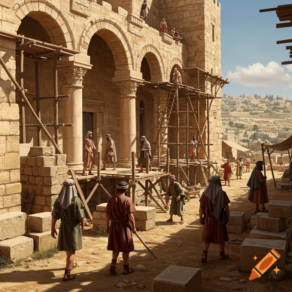 Workers construct a large stone palace with arches and scaffolding in an ancient city under a clear sky.