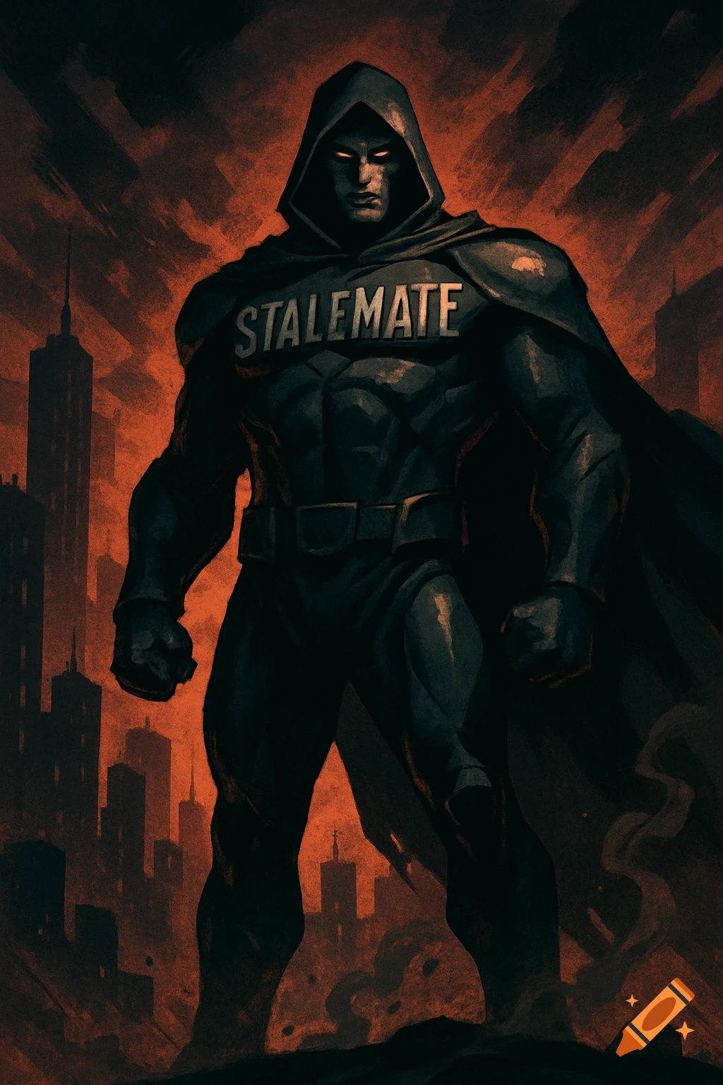 A dark, hooded villain with glowing red eyes and "STALEMATE" on his chest stands against a fiery city skyline in comic art style.