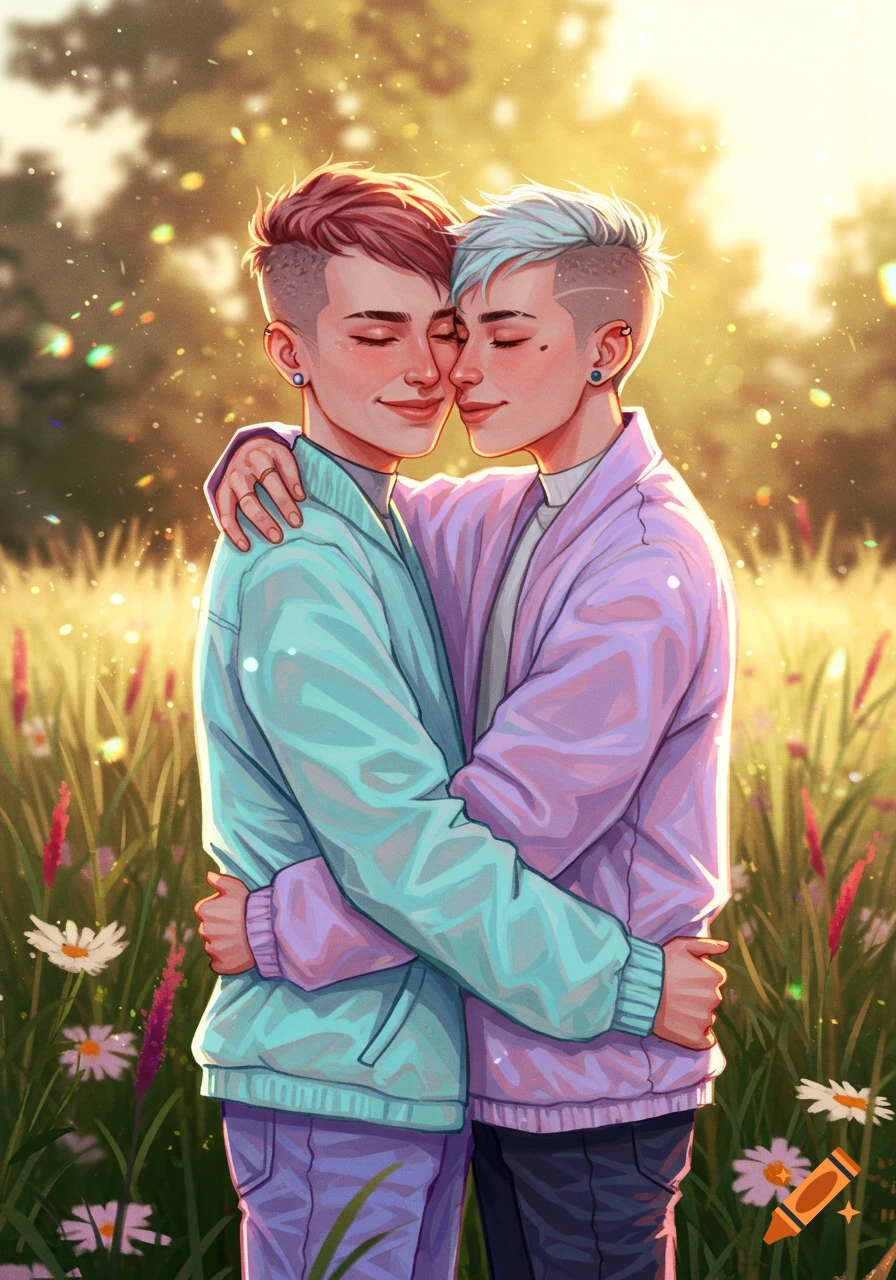 A vibrant digital illustration of two young people with short, colorful hair embracing in a sunny wildflower field.