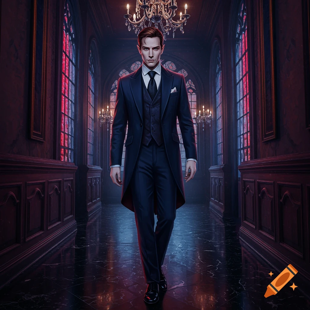 A dapper man with subtle pointed ears in a dark suit walks through a gothic mansion hallway with red-lit windows and chandeliers.