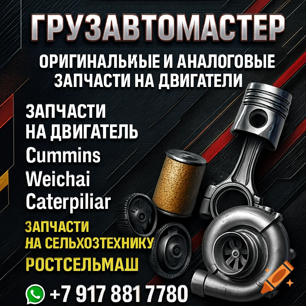 An advertisement for truck and agricultural machinery parts, featuring various engine components like a piston, filter, and turbocharger, with contact information.