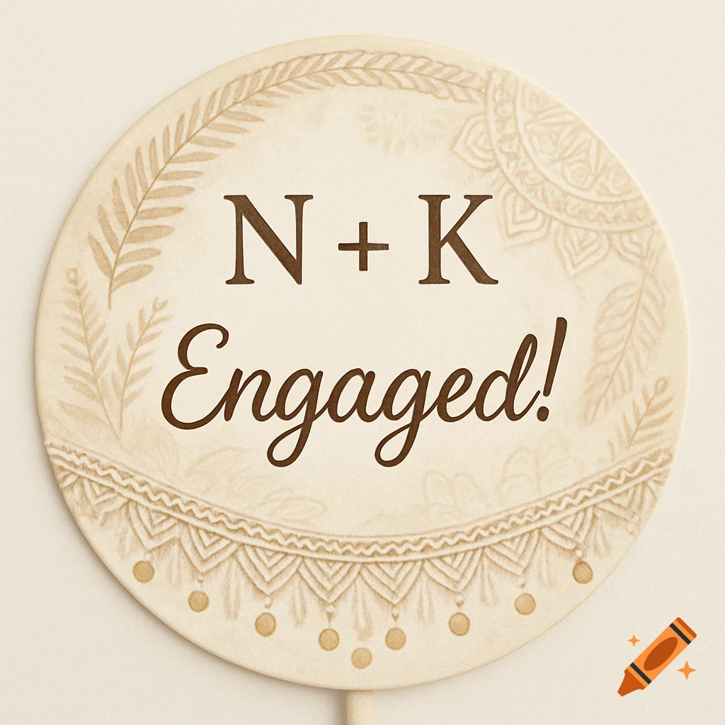 A cream-colored, circular boho-styled cupcake topper featuring the text "N + K Engaged!" surrounded by decorative patterns.