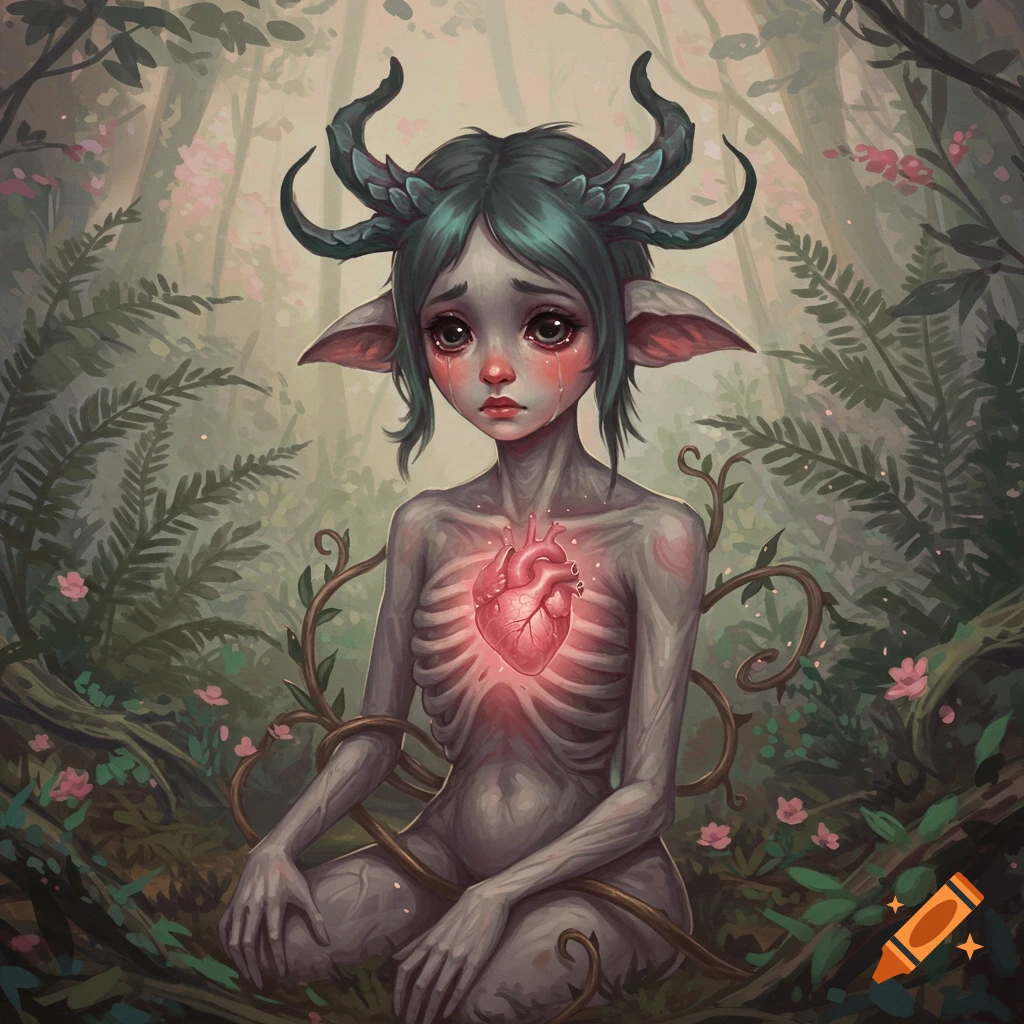 A sad, grey-skinned beast with horns, pointy ears, and an exposed glowing heart, crying in a dark forest illustration.