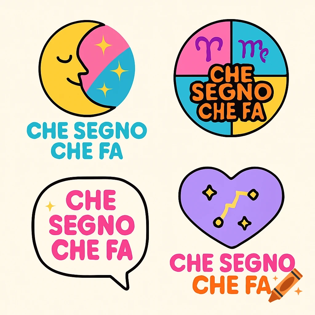 Four vibrant pop-art style logos for an astrology podcast, featuring moon, zodiac wheel, speech bubble, and heart designs.