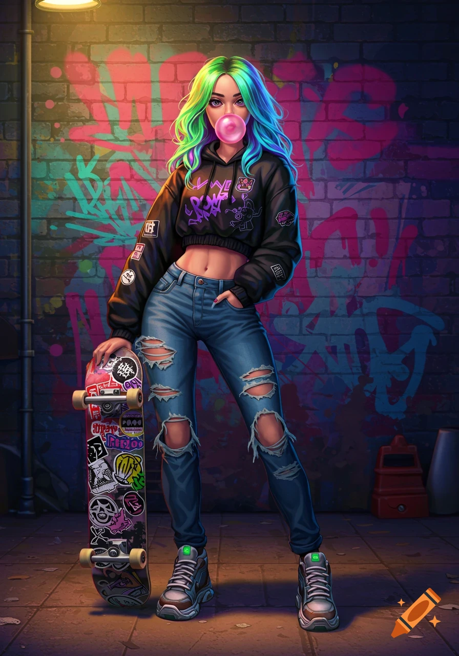 A vibrant anime-style skater girl with neon green and blue hair blows a pink bubblegum bubble. She wears a cropped hoodie and ripped jeans, holding a sticker-covered skateboard against a graffiti wall in an urban alley.