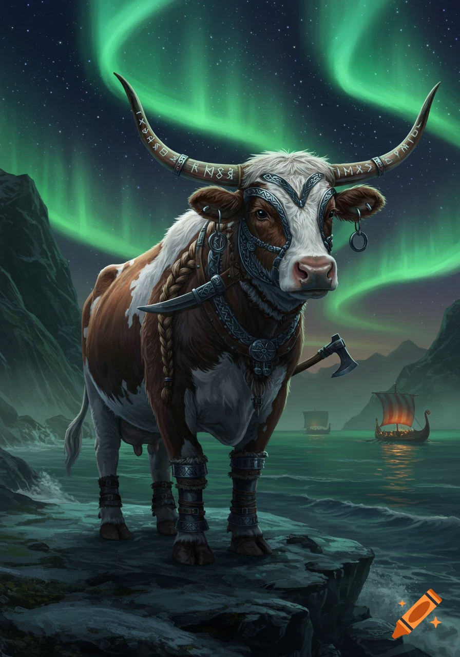 A majestic brown and white cow adorned in Viking armor and decorative runes stands on a rocky shore under the aurora borealis, with longships in the sea.