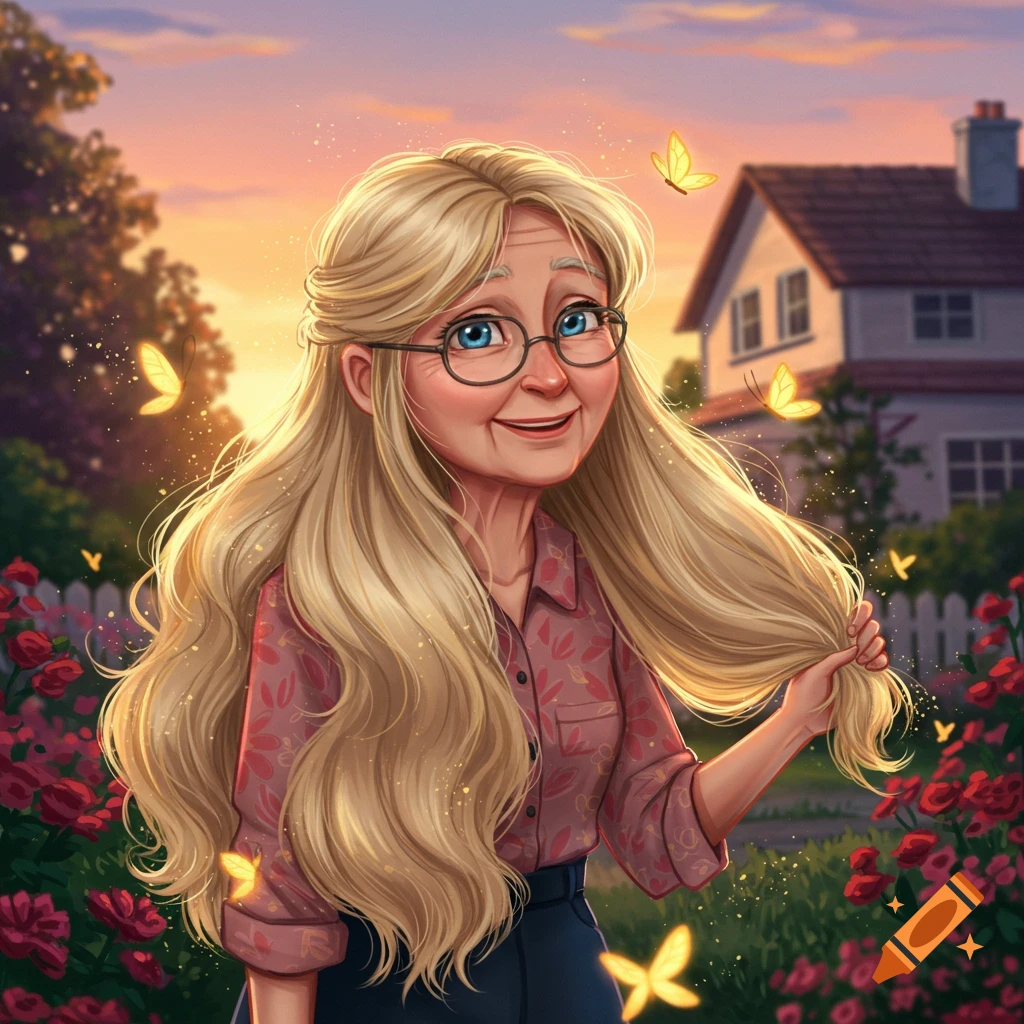 Cartoon portrait of an elderly woman with long blonde hair, blue eyes, and glasses, smiling in a blooming garden with butterflies at sunset.