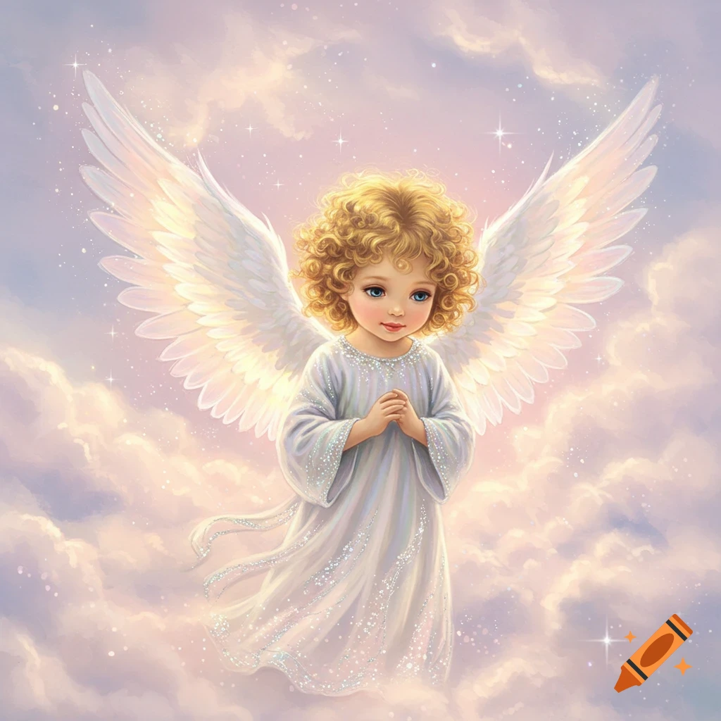 A cute angel child with golden curly hair, blue eyes, white wings, and a sparkling white dress, floating among soft clouds.
