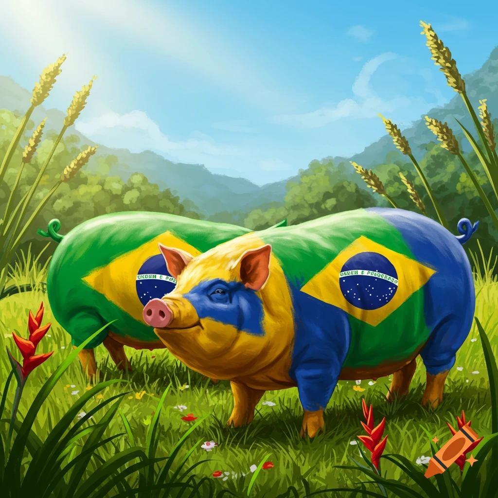 Two cartoon pigs painted with the Brazilian flag colors stand in a lush green field under a blue sky, with mountains in the background.