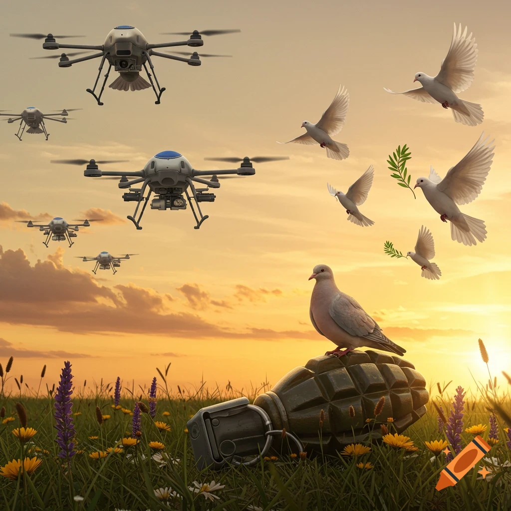Photorealistic image of doves and drones flying over a field of wildflowers at sunset, with a pigeon perched on a hand grenade.