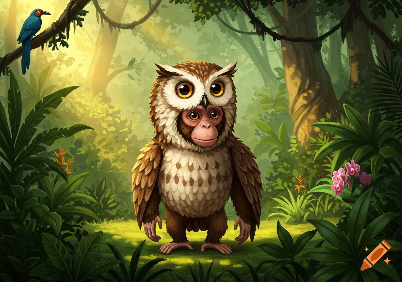 A cartoon monkey wearing an owl costume stands in a lush, brightly lit jungle with trees and foliage.