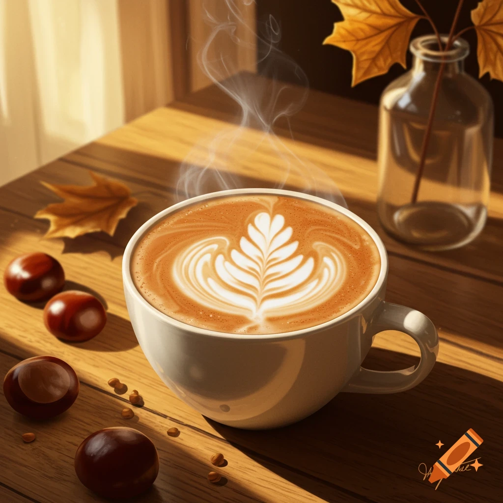 Steaming cappuccino with elegant latte art, surrounded by autumn maple leaves and shiny chestnuts on a sunlit wooden table.